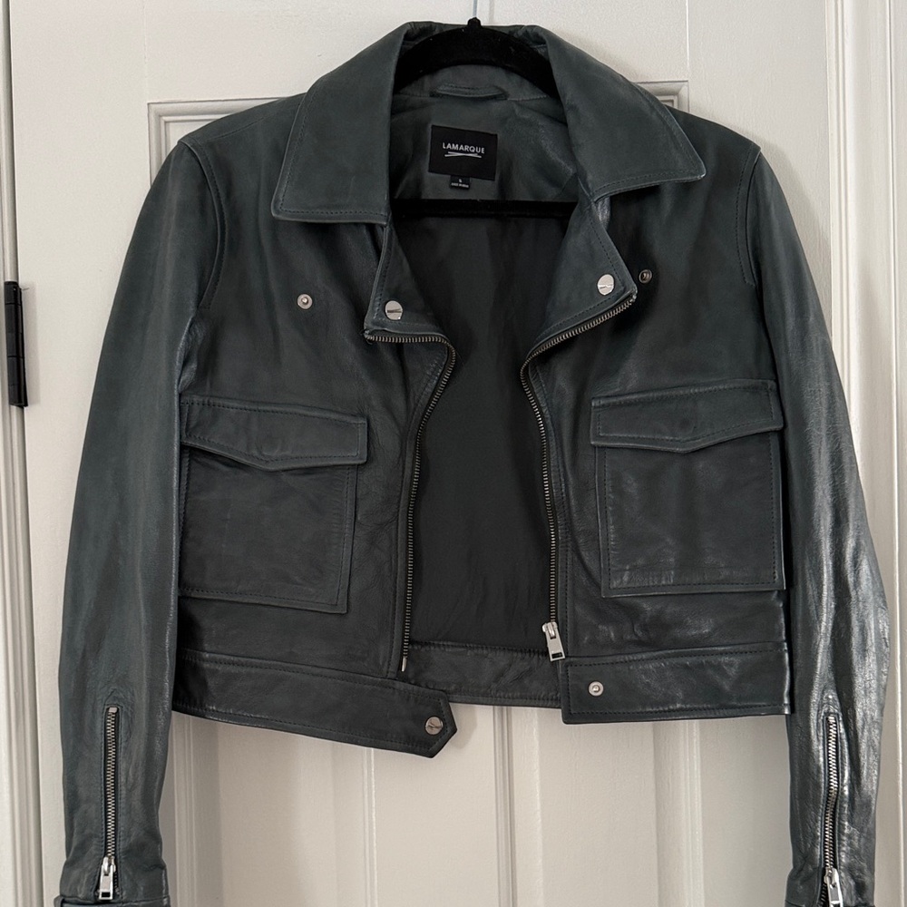 Lamarque Dark Green Leather Moto Jacket